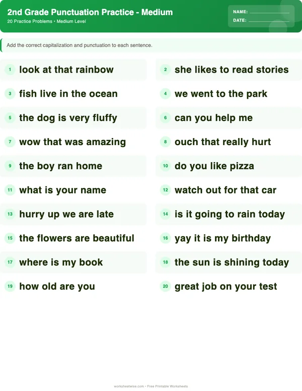 2nd Grade Punctuation Worksheets - Dinosaur Theme (Medium)