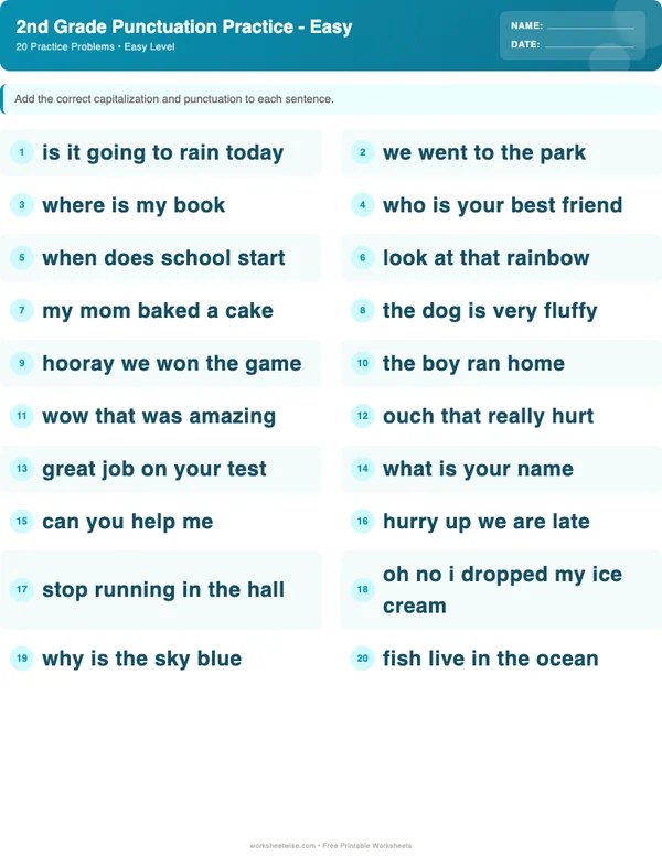 2nd Grade Punctuation Worksheets - Ocean Theme (Easy)