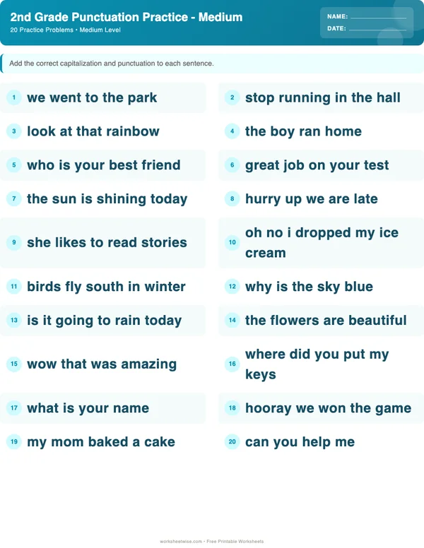 2nd Grade Punctuation Worksheets - Ocean Theme (Medium)