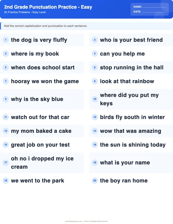 2nd Grade Punctuation Worksheets - Standard Theme (Easy)