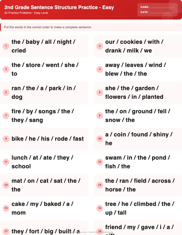 2nd Grade Sentence Structure Worksheets - Christmas Theme (Easy)