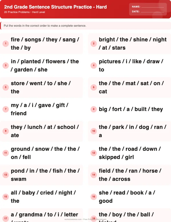 2nd Grade Sentence Structure Worksheets - Christmas Theme (Hard)