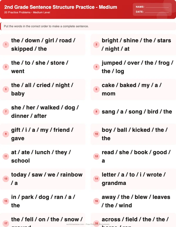 2nd Grade Sentence Structure Worksheets - Christmas Theme (Medium)