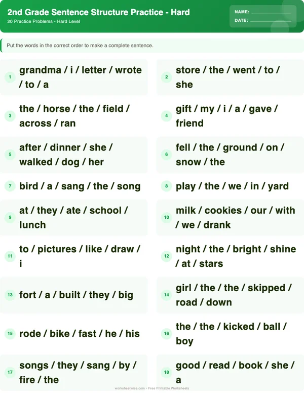 2nd Grade Sentence Structure Worksheets - Dinosaur Theme (Hard)