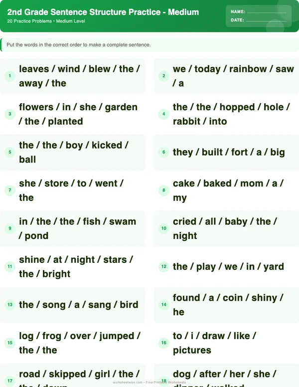 2nd Grade Sentence Structure Worksheets - Dinosaur Theme (Medium)