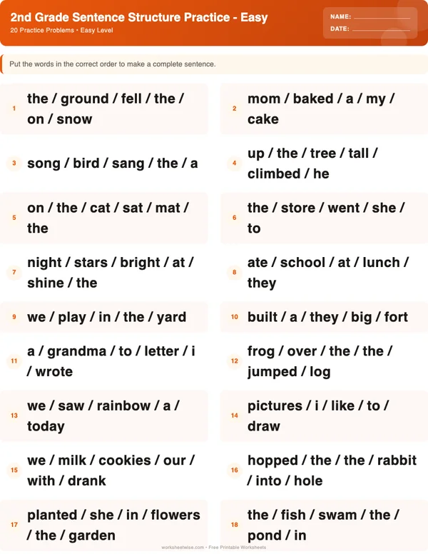 2nd Grade Sentence Structure Worksheets - Halloween Theme (Easy)