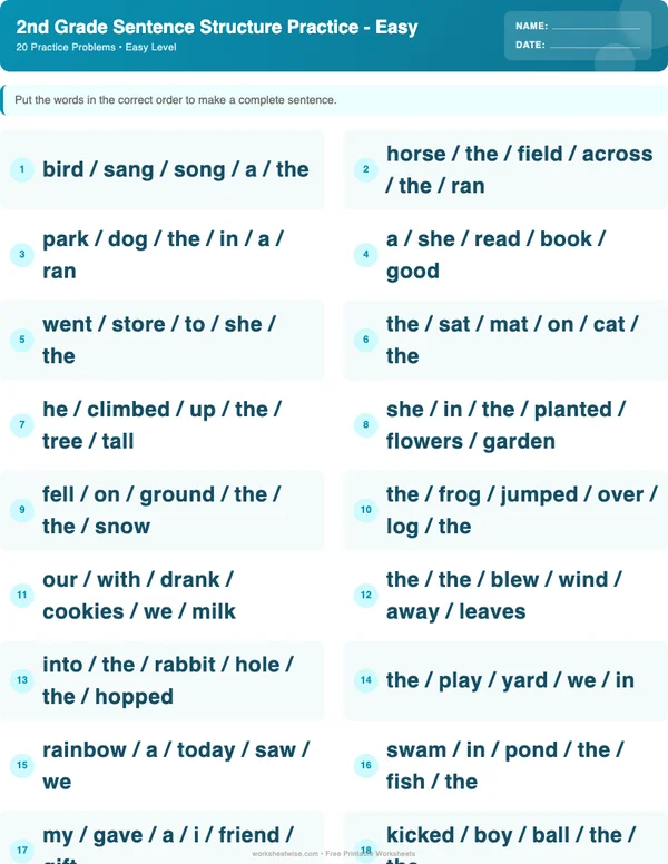 2nd Grade Sentence Structure Worksheets - Ocean Theme (Easy)