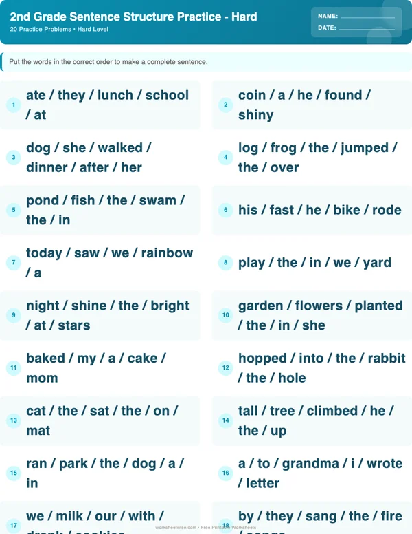 2nd Grade Sentence Structure Worksheets - Ocean Theme (Hard)