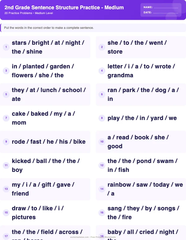 2nd Grade Sentence Structure Worksheets - Space Theme (Medium)