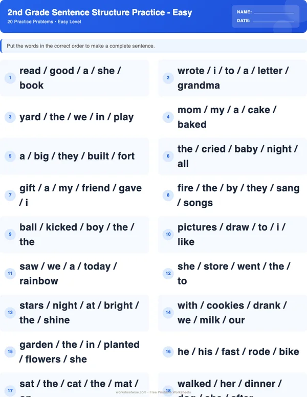 2nd Grade Sentence Structure Worksheets - Standard Theme (Easy)