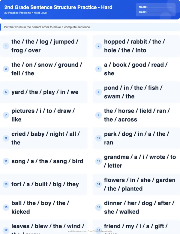 2nd Grade Sentence Structure Worksheets - Standard Theme (Hard)