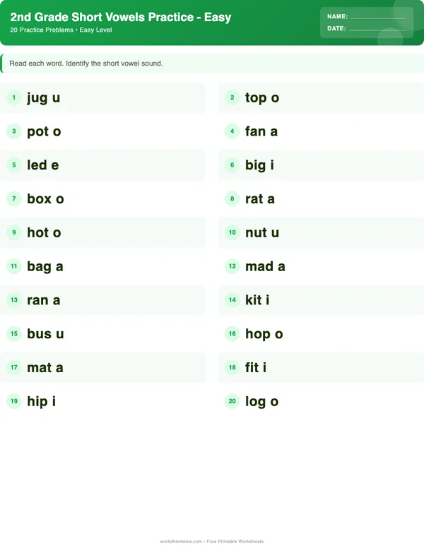 2nd Grade Short Vowels Worksheets - Dinosaur Theme (Easy)