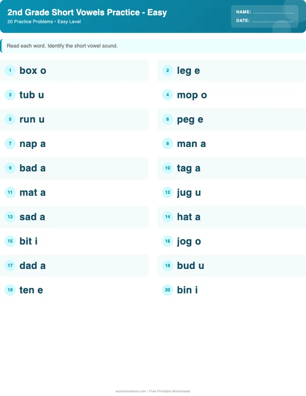 2nd Grade Short Vowels Worksheets - Ocean Theme (Easy)