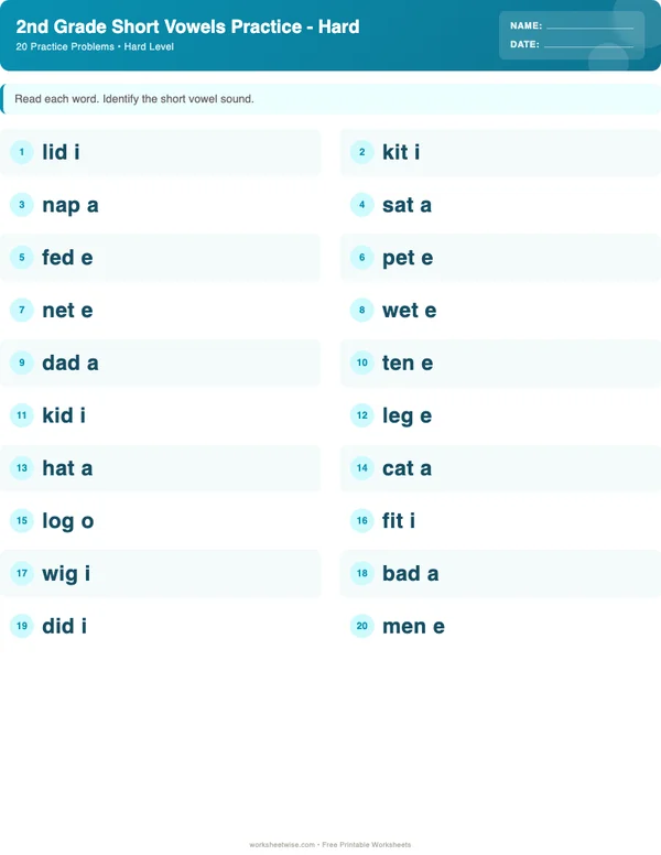 2nd Grade Short Vowels Worksheets - Ocean Theme (Hard)