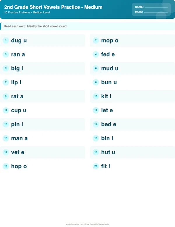 2nd Grade Short Vowels Worksheets - Ocean Theme (Medium)