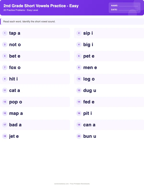 2nd Grade Short Vowels Worksheets - Space Theme (Easy)