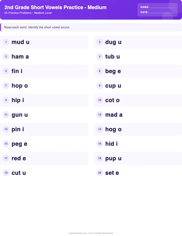 2nd Grade Short Vowels Worksheets - Space Theme (Medium)