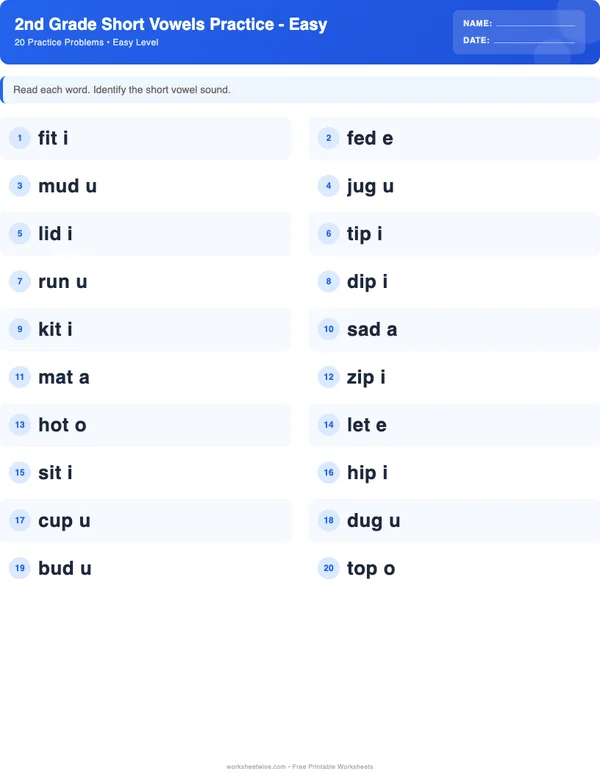 2nd Grade Short Vowels Worksheets - Standard Theme (Easy)