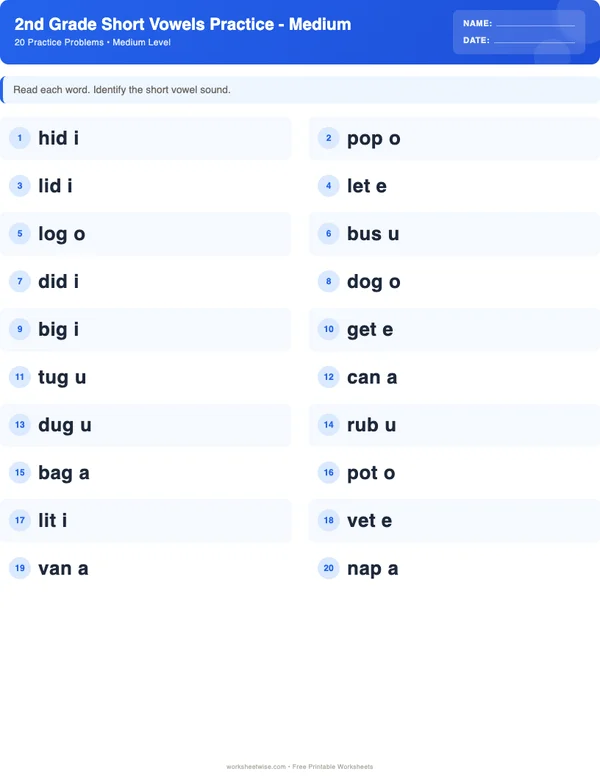2nd Grade Short Vowels Worksheets - Standard Theme (Medium)
