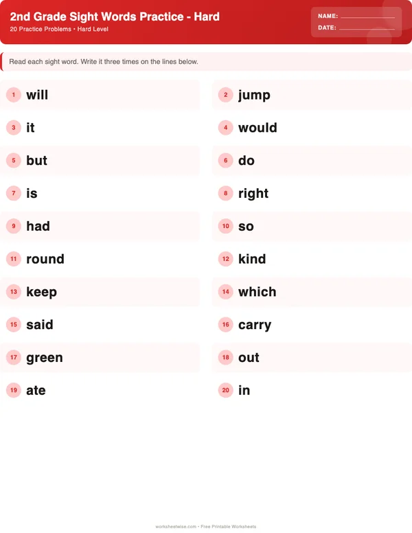 2nd Grade Sight Words Worksheets - Christmas Theme (Hard)
