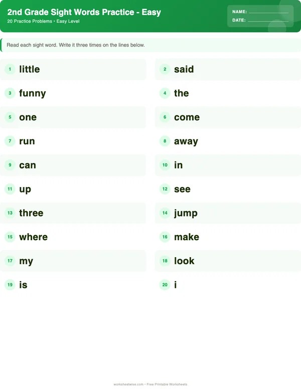 2nd Grade Sight Words Worksheets - Dinosaur Theme (Easy)