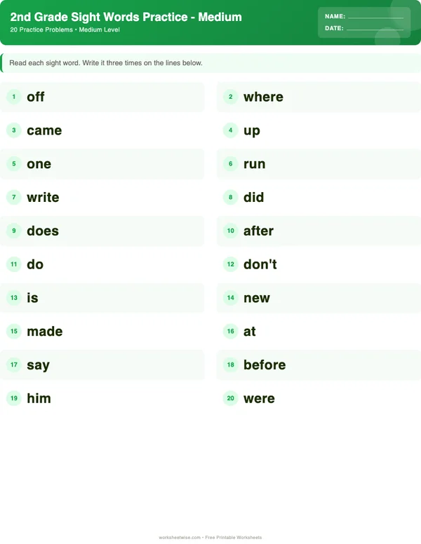 2nd Grade Sight Words Worksheets - Dinosaur Theme (Medium)