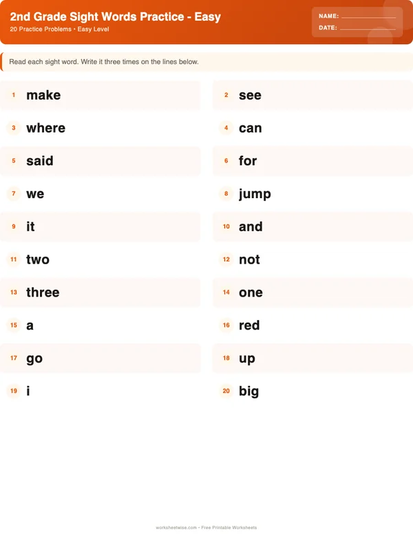 2nd Grade Sight Words Worksheets - Halloween Theme (Easy)