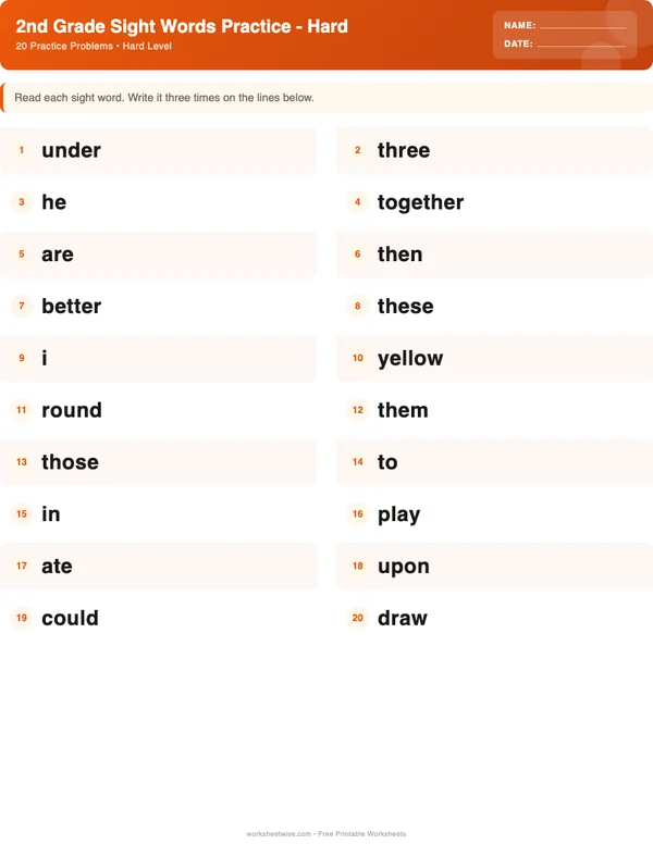 2nd Grade Sight Words Worksheets - Halloween Theme (Hard)