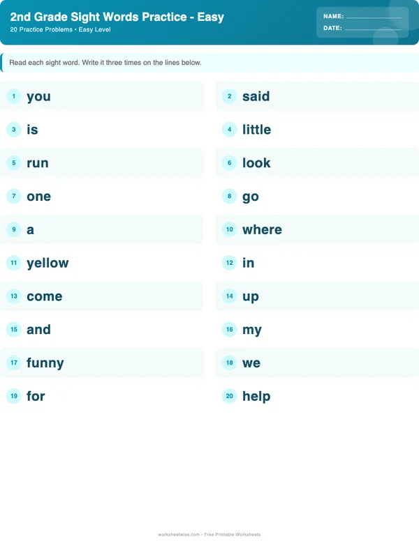 2nd Grade Sight Words Worksheets - Ocean Theme (Easy)