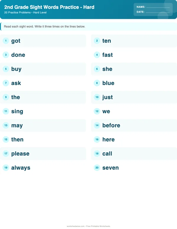 2nd Grade Sight Words Worksheets - Ocean Theme (Hard)
