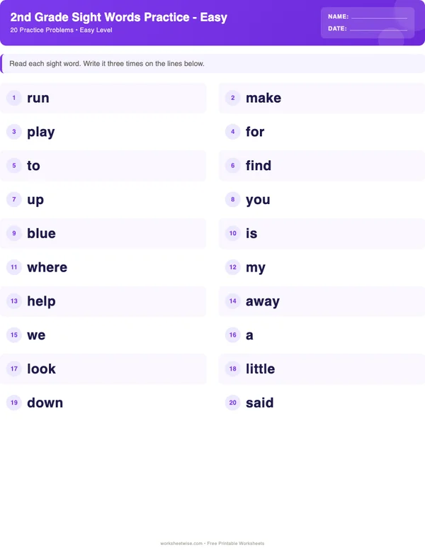 2nd Grade Sight Words Worksheets - Space Theme (Easy)