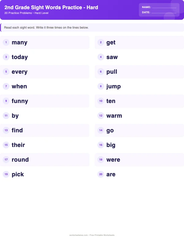 2nd Grade Sight Words Worksheets - Space Theme (Hard)