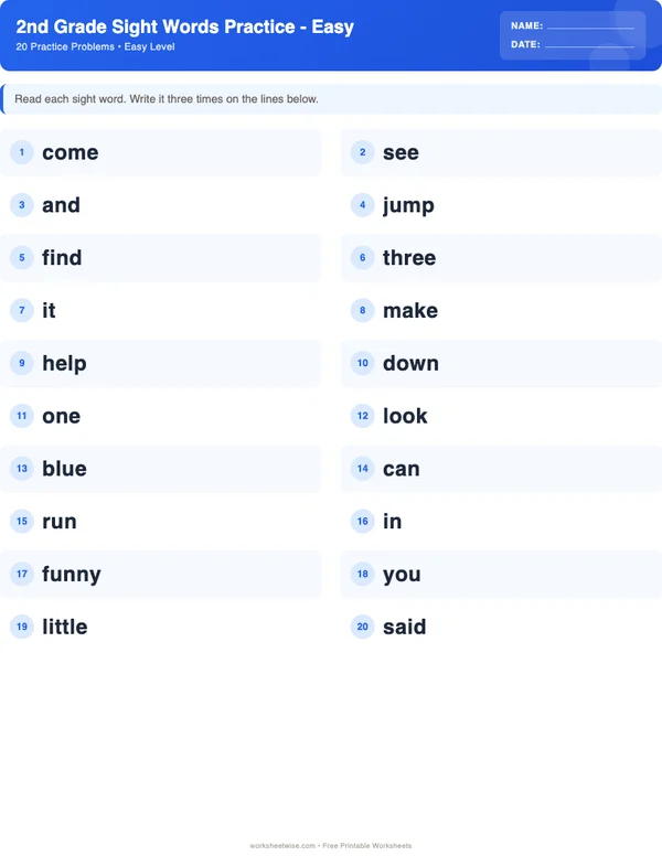 2nd Grade Sight Words Worksheets - Standard Theme (Easy)