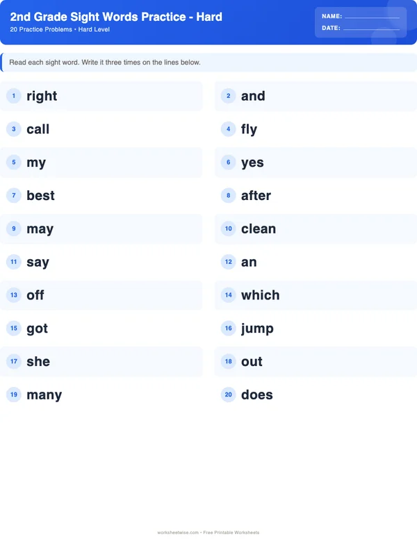 2nd Grade Sight Words Worksheets - Standard Theme (Hard)