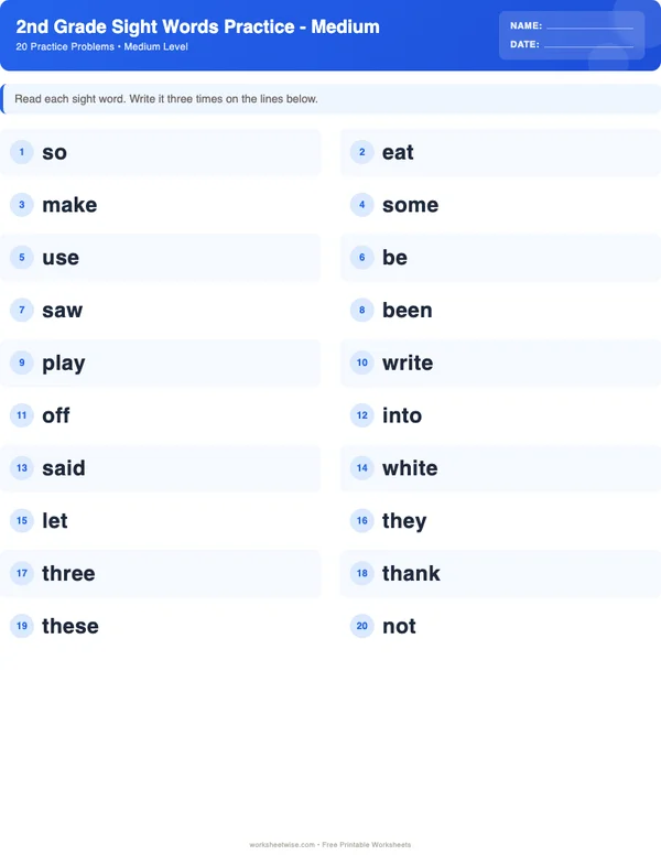 2nd Grade Sight Words Worksheets - Standard Theme (Medium)