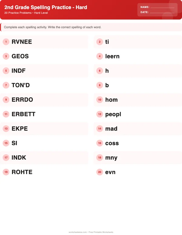 2nd Grade Spelling Words Worksheets - Christmas Theme (Hard)
