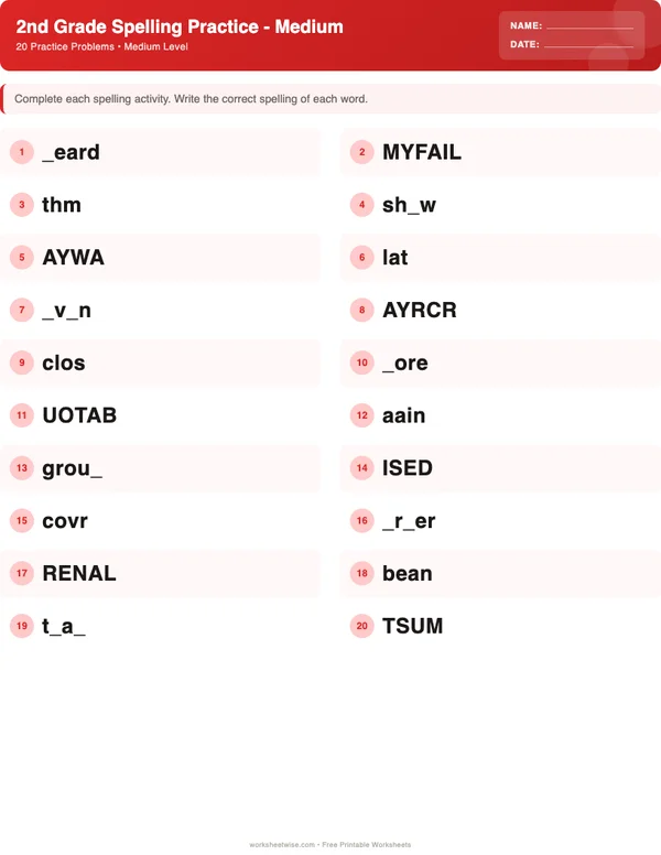 2nd Grade Spelling Words Worksheets - Christmas Theme (Medium)