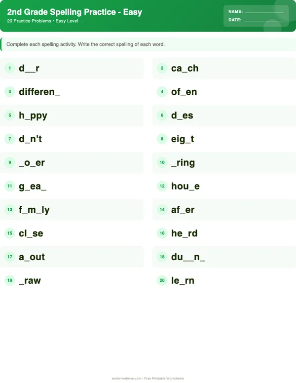 2nd Grade Spelling Words Worksheets - Dinosaur Theme (Easy)