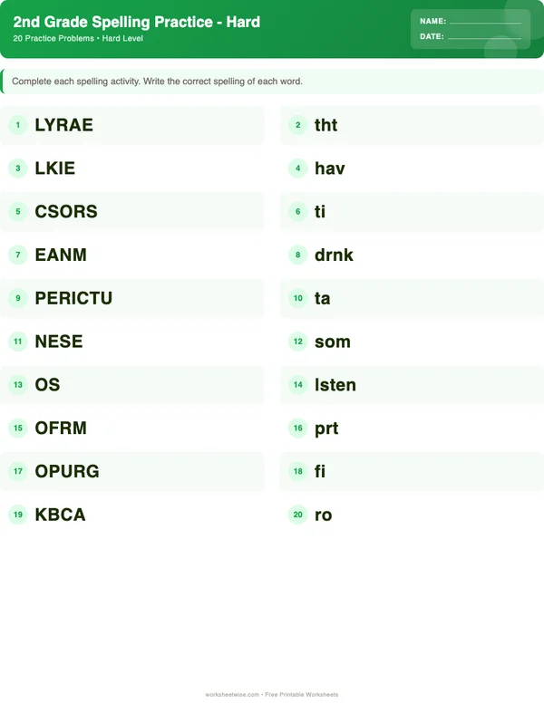 2nd Grade Spelling Words Worksheets - Dinosaur Theme (Hard)