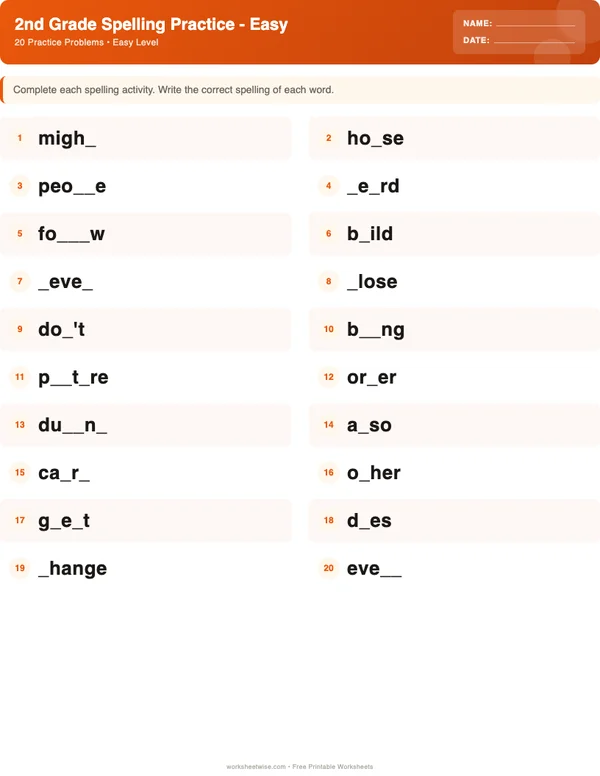 2nd Grade Spelling Words Worksheets - Halloween Theme (Easy)