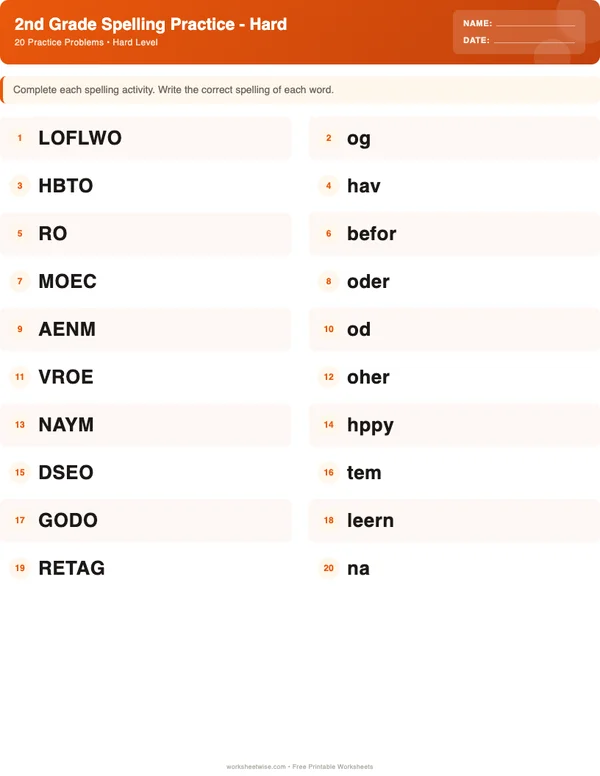 2nd Grade Spelling Words Worksheets - Halloween Theme (Hard)