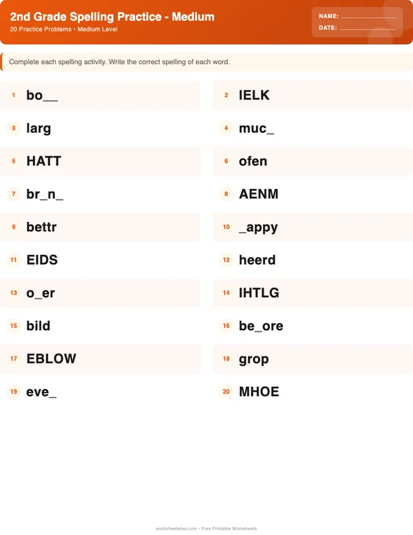 2nd Grade Spelling Words Worksheets - Halloween Theme (Medium)