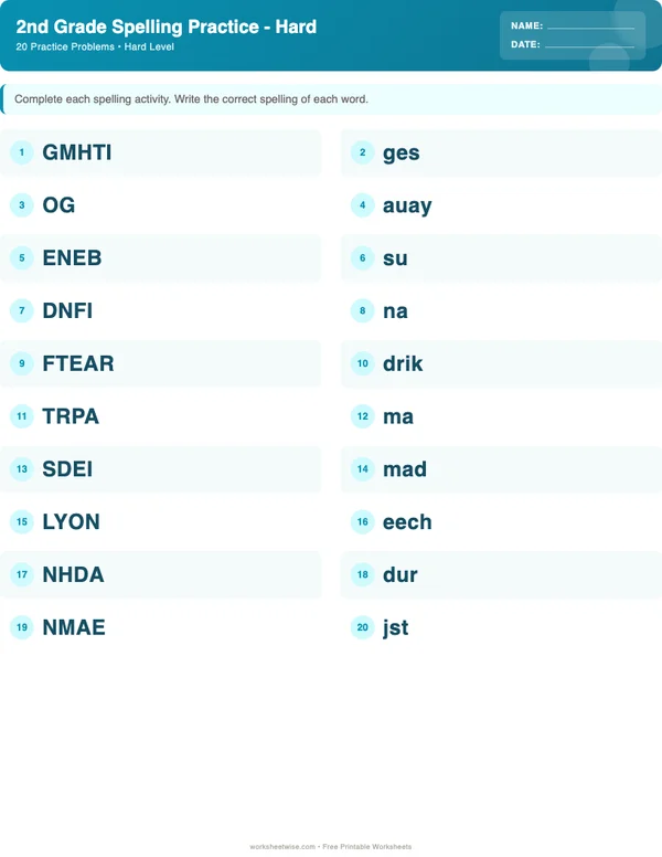 2nd Grade Spelling Words Worksheets - Ocean Theme (Hard)