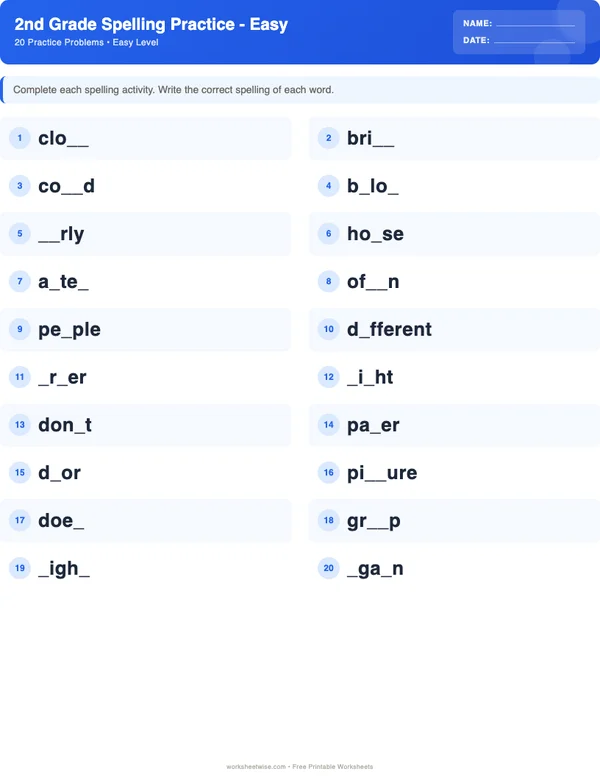 2nd Grade Spelling Words Worksheets - Standard Theme (Easy)