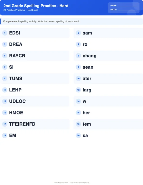 2nd Grade Spelling Words Worksheets - Standard Theme (Hard)