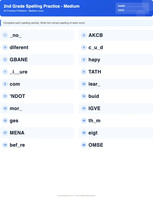 2nd Grade Spelling Words Worksheets - Standard Theme (Medium)