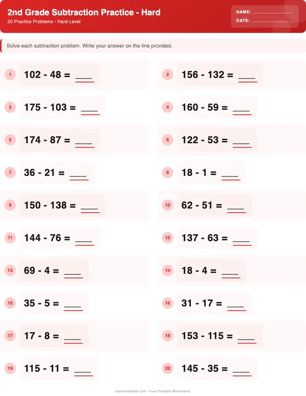 2nd Grade Subtraction Worksheets - Christmas Theme (Hard)