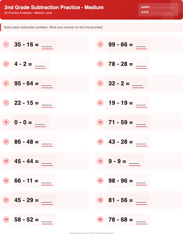 2nd Grade Subtraction Worksheets - Christmas Theme (Medium)