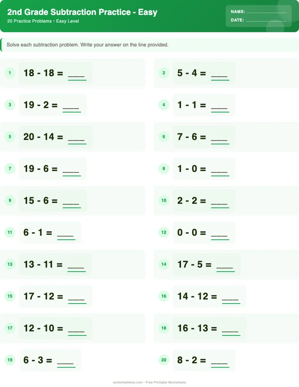 2nd Grade Subtraction Worksheets - Dinosaur Theme (Easy)