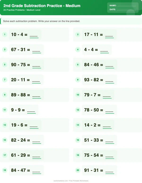 2nd Grade Subtraction Worksheets - Dinosaur Theme (Medium)
